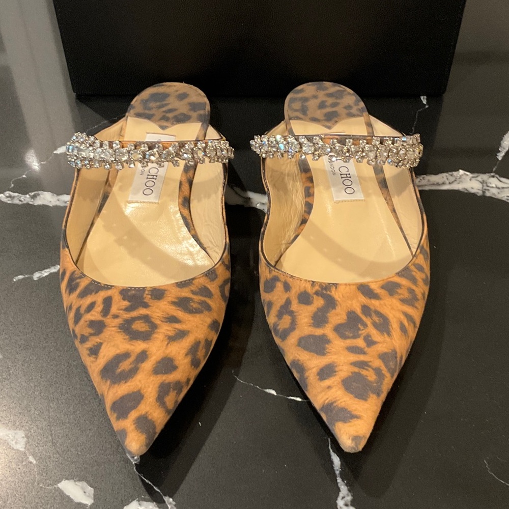 Jimmy Choo Bing Leopard Print Mules with Crystal Embellishment